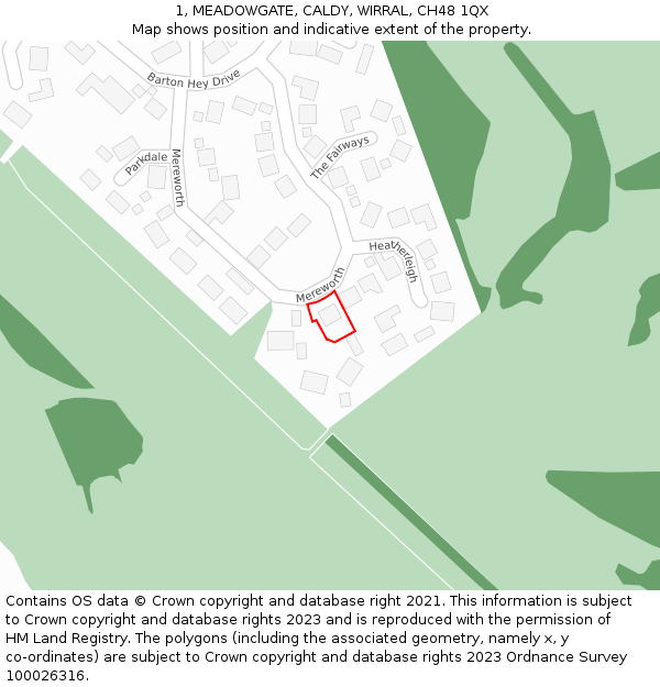 1, MEADOWGATE, CALDY, WIRRAL, CH48 1QX: Location map and indicative extent of plot