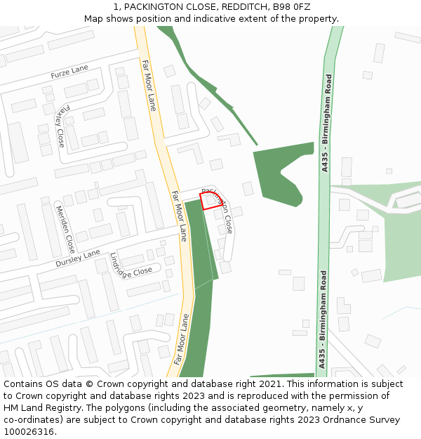 1, PACKINGTON CLOSE, REDDITCH, B98 0FZ: Location map and indicative extent of plot