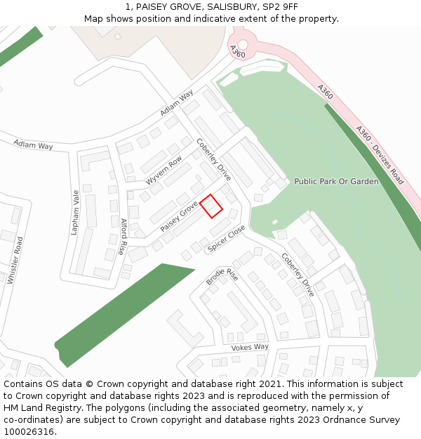 1, PAISEY GROVE, SALISBURY, SP2 9FF: Location map and indicative extent of plot