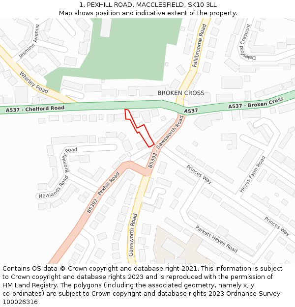1, PEXHILL ROAD, MACCLESFIELD, SK10 3LL: Location map and indicative extent of plot