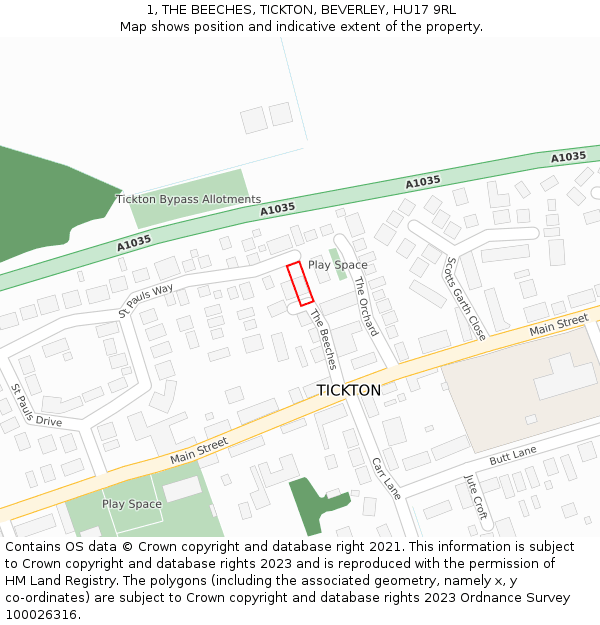 1, THE BEECHES, TICKTON, BEVERLEY, HU17 9RL: Location map and indicative extent of plot
