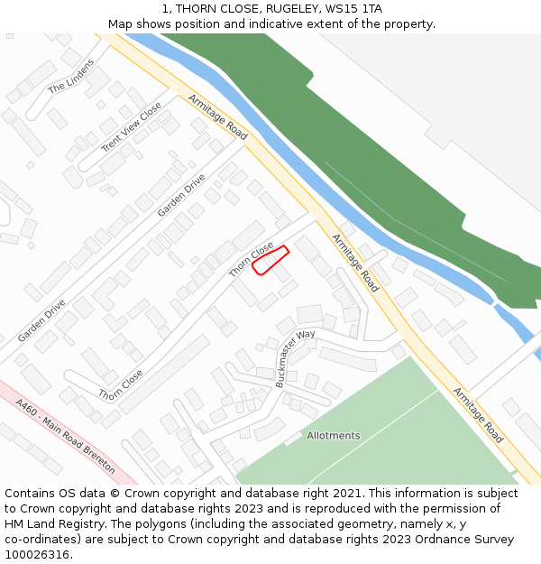 1, THORN CLOSE, RUGELEY, WS15 1TA: Location map and indicative extent of plot