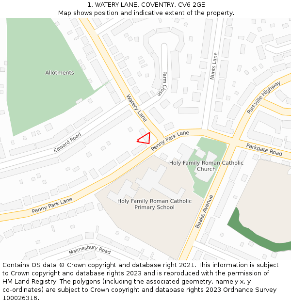 1, WATERY LANE, COVENTRY, CV6 2GE: Location map and indicative extent of plot