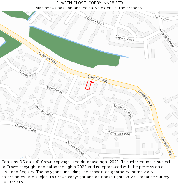 1, WREN CLOSE, CORBY, NN18 8FD: Location map and indicative extent of plot