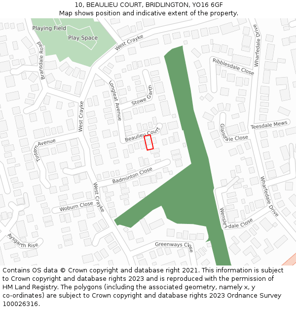 10, BEAULIEU COURT, BRIDLINGTON, YO16 6GF: Location map and indicative extent of plot
