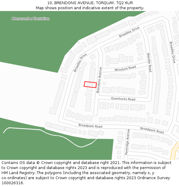 10, BRENDONS AVENUE, TORQUAY, TQ2 6UR: Location map and indicative extent of plot