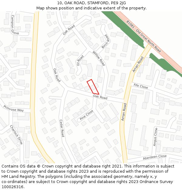 10, OAK ROAD, STAMFORD, PE9 2JG: Location map and indicative extent of plot