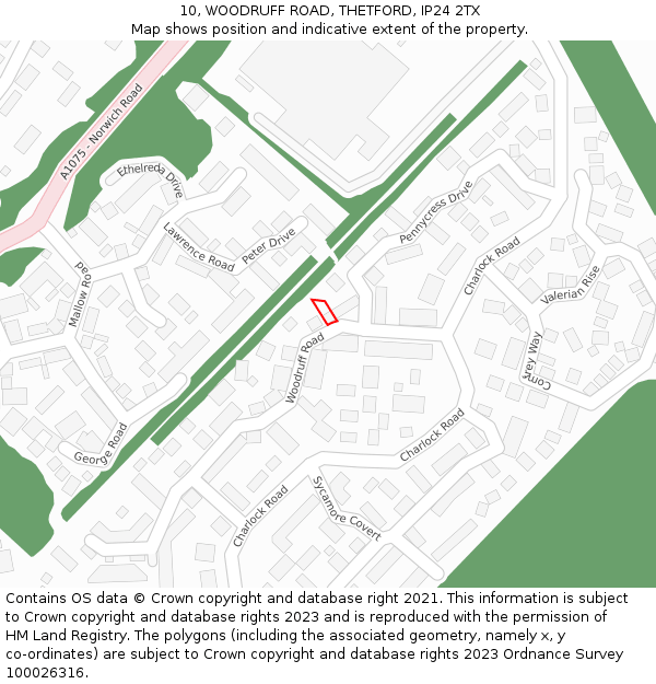 10, WOODRUFF ROAD, THETFORD, IP24 2TX: Location map and indicative extent of plot