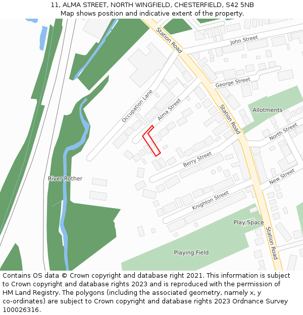 11, ALMA STREET, NORTH WINGFIELD, CHESTERFIELD, S42 5NB: Location map and indicative extent of plot