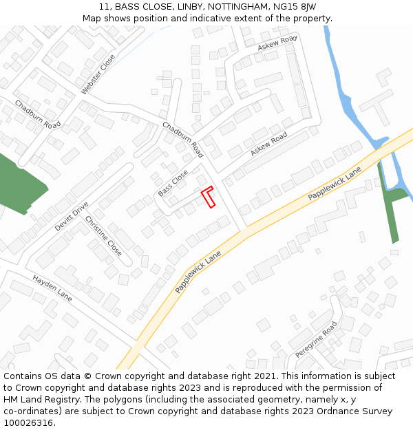 11, BASS CLOSE, LINBY, NOTTINGHAM, NG15 8JW: Location map and indicative extent of plot