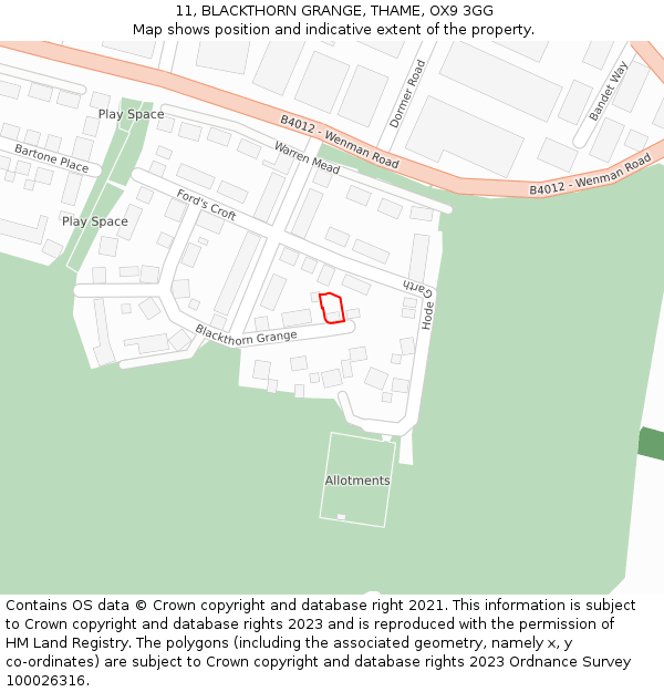 11, BLACKTHORN GRANGE, THAME, OX9 3GG: Location map and indicative extent of plot