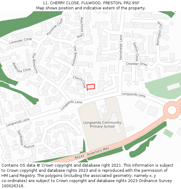 11, CHERRY CLOSE, FULWOOD, PRESTON, PR2 9SF: Location map and indicative extent of plot