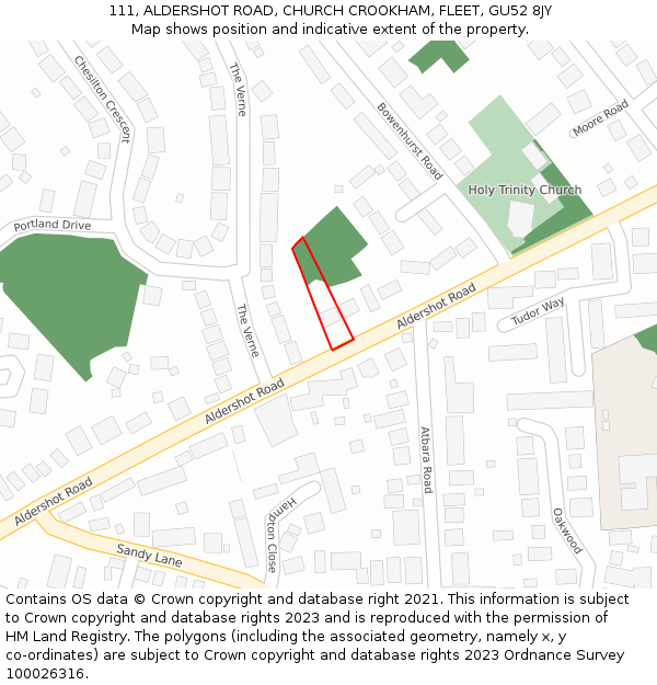 111, ALDERSHOT ROAD, CHURCH CROOKHAM, FLEET, GU52 8JY: Location map and indicative extent of plot