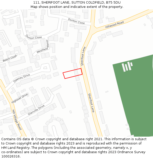 111, SHERIFOOT LANE, SUTTON COLDFIELD, B75 5DU: Location map and indicative extent of plot