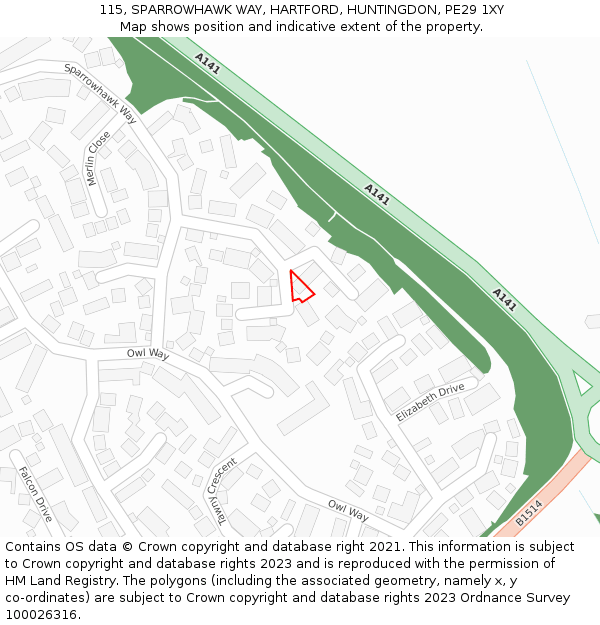 115, SPARROWHAWK WAY, HARTFORD, HUNTINGDON, PE29 1XY: Location map and indicative extent of plot