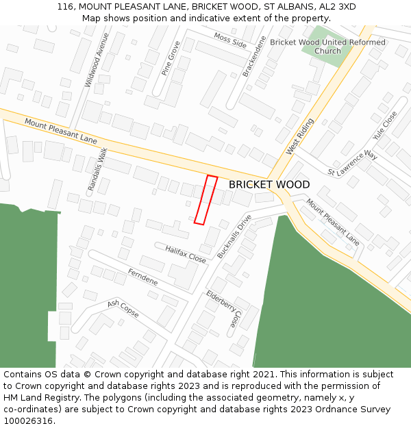 116, MOUNT PLEASANT LANE, BRICKET WOOD, ST ALBANS, AL2 3XD: Location map and indicative extent of plot
