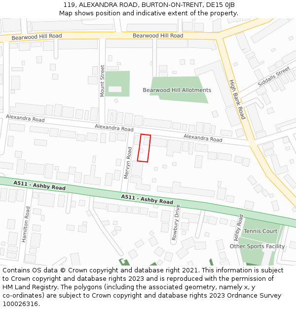 119, ALEXANDRA ROAD, BURTON-ON-TRENT, DE15 0JB: Location map and indicative extent of plot