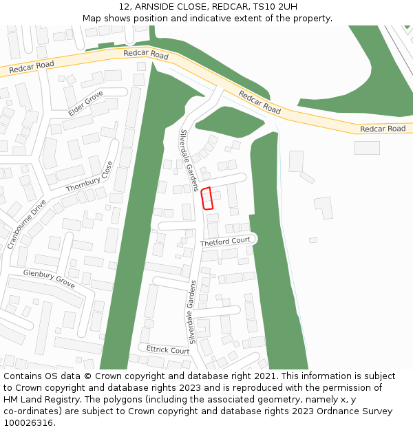 12, ARNSIDE CLOSE, REDCAR, TS10 2UH: Location map and indicative extent of plot