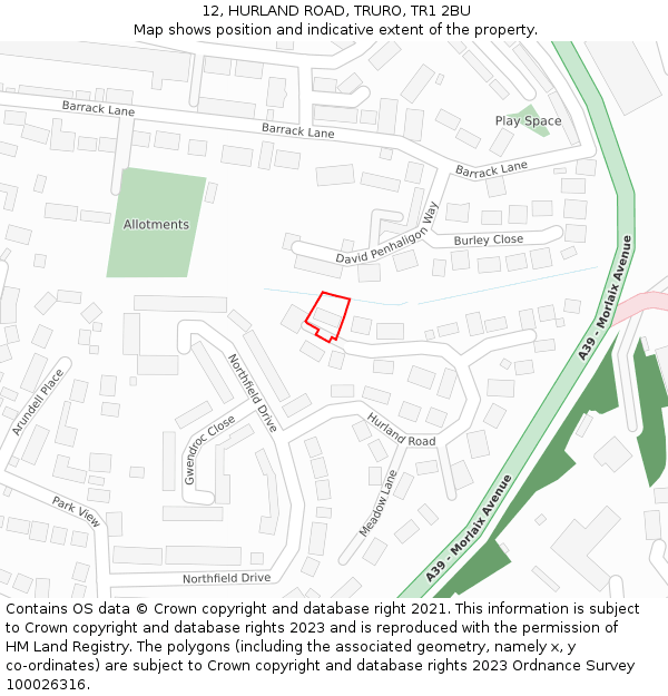 12, HURLAND ROAD, TRURO, TR1 2BU: Location map and indicative extent of plot