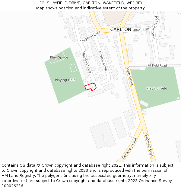 12, SHAYFIELD DRIVE, CARLTON, WAKEFIELD, WF3 3FY: Location map and indicative extent of plot