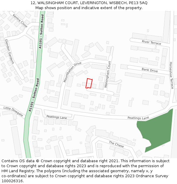 12, WALSINGHAM COURT, LEVERINGTON, WISBECH, PE13 5AQ: Location map and indicative extent of plot