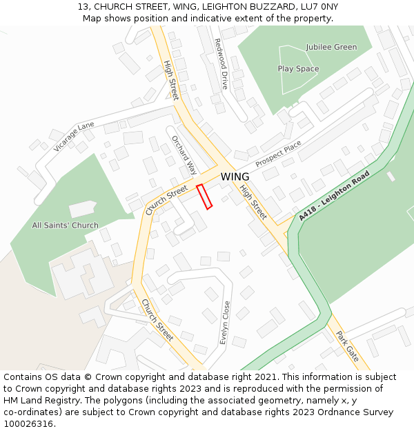 13, CHURCH STREET, WING, LEIGHTON BUZZARD, LU7 0NY: Location map and indicative extent of plot