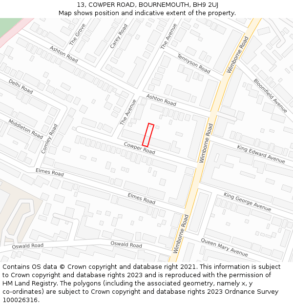 13, COWPER ROAD, BOURNEMOUTH, BH9 2UJ: Location map and indicative extent of plot