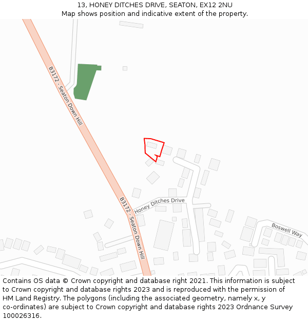13, HONEY DITCHES DRIVE, SEATON, EX12 2NU: Location map and indicative extent of plot