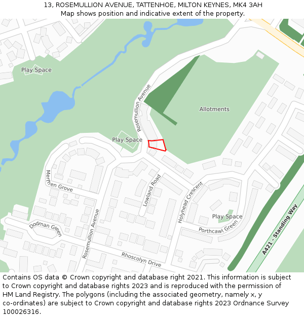 13, ROSEMULLION AVENUE, TATTENHOE, MILTON KEYNES, MK4 3AH: Location map and indicative extent of plot