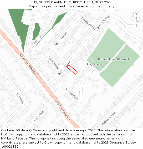 13, SUFFOLK AVENUE, CHRISTCHURCH, BH23 2SQ: Location map and indicative extent of plot