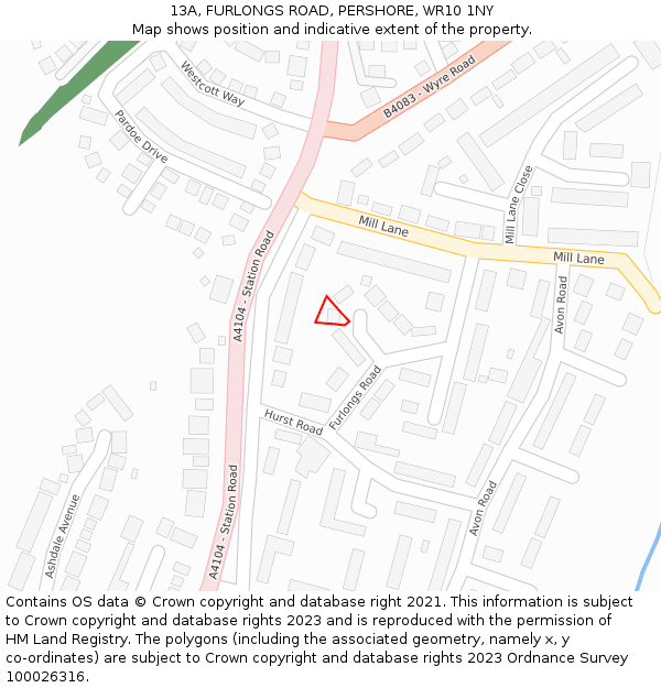 13A, FURLONGS ROAD, PERSHORE, WR10 1NY: Location map and indicative extent of plot