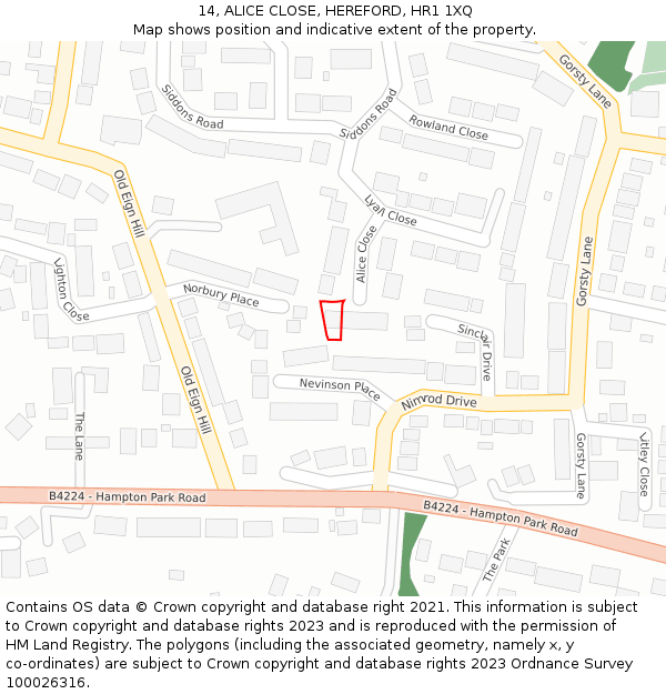 14, ALICE CLOSE, HEREFORD, HR1 1XQ: Location map and indicative extent of plot