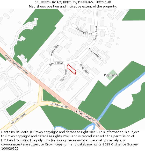 14, BEECH ROAD, BEETLEY, DEREHAM, NR20 4HR: Location map and indicative extent of plot