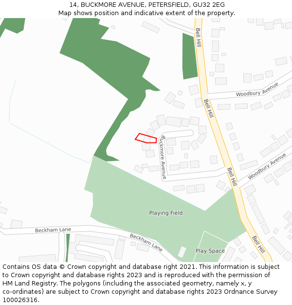14, BUCKMORE AVENUE, PETERSFIELD, GU32 2EG: Location map and indicative extent of plot