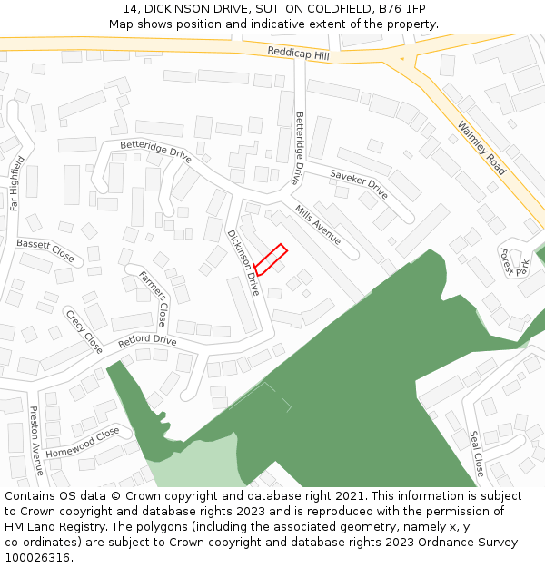 14, DICKINSON DRIVE, SUTTON COLDFIELD, B76 1FP: Location map and indicative extent of plot