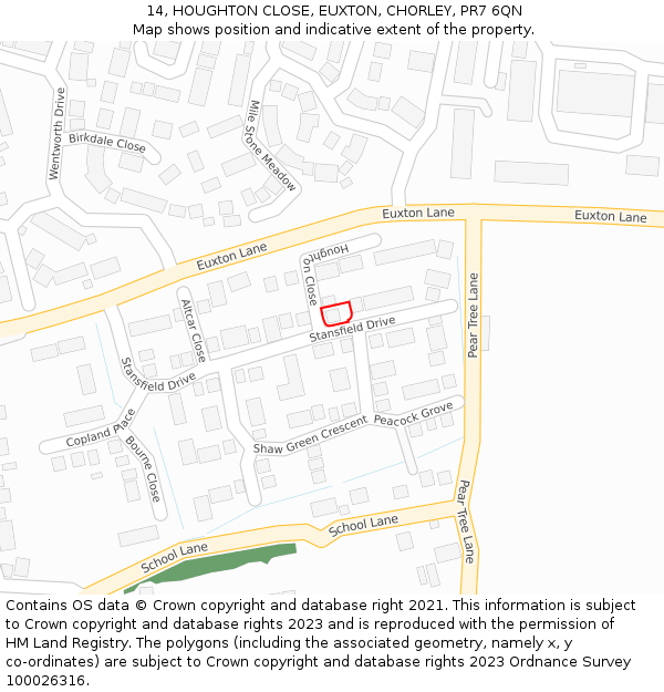 14, HOUGHTON CLOSE, EUXTON, CHORLEY, PR7 6QN: Location map and indicative extent of plot