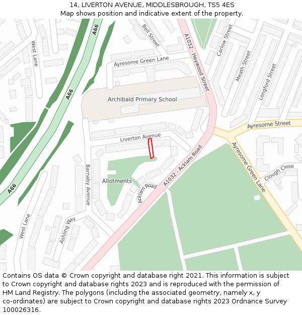 14, LIVERTON AVENUE, MIDDLESBROUGH, TS5 4ES: Location map and indicative extent of plot