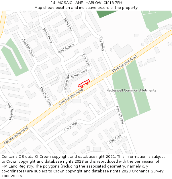 14, MOSAIC LANE, HARLOW, CM18 7FH: Location map and indicative extent of plot