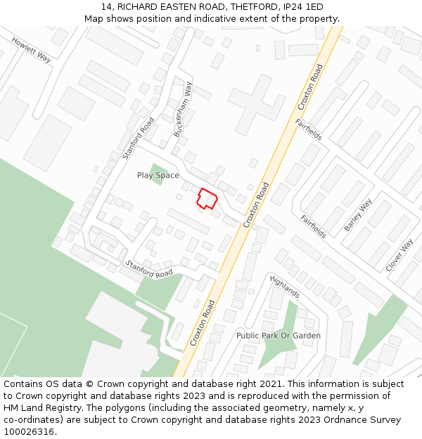14, RICHARD EASTEN ROAD, THETFORD, IP24 1ED: Location map and indicative extent of plot