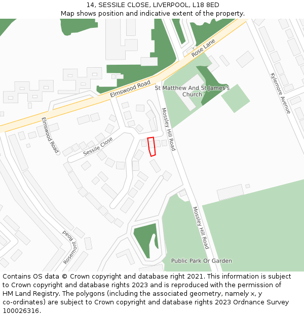 14, SESSILE CLOSE, LIVERPOOL, L18 8ED: Location map and indicative extent of plot