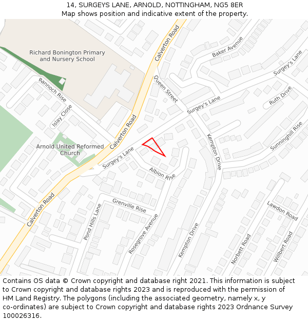 14, SURGEYS LANE, ARNOLD, NOTTINGHAM, NG5 8ER: Location map and indicative extent of plot