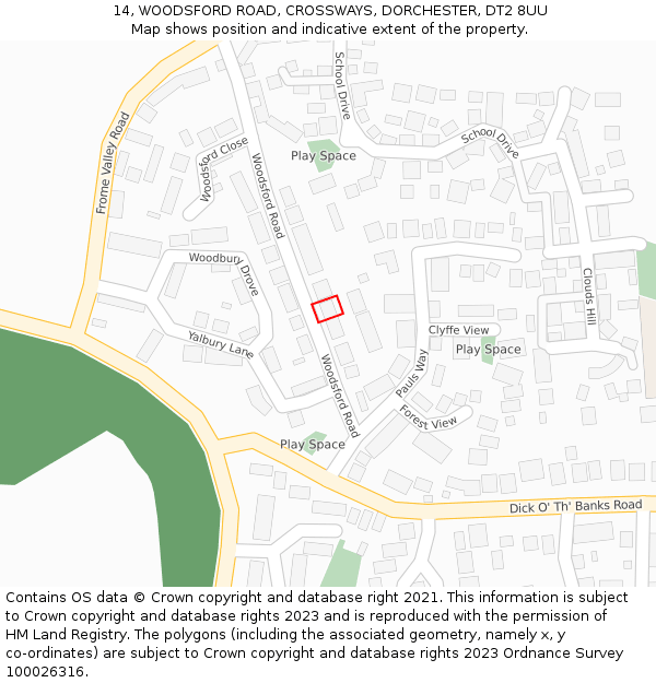 14, WOODSFORD ROAD, CROSSWAYS, DORCHESTER, DT2 8UU: Location map and indicative extent of plot
