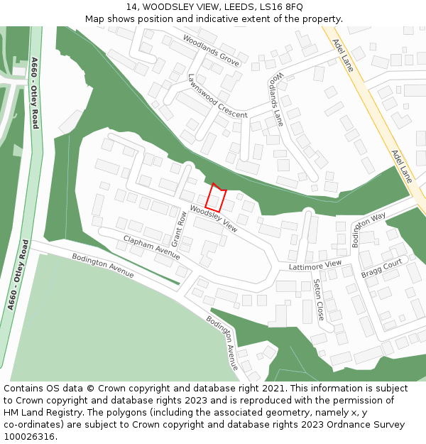 14, WOODSLEY VIEW, LEEDS, LS16 8FQ: Location map and indicative extent of plot