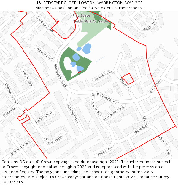 15, REDSTART CLOSE, LOWTON, WARRINGTON, WA3 2GE: Location map and indicative extent of plot