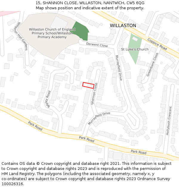 15, SHANNON CLOSE, WILLASTON, NANTWICH, CW5 6QG: Location map and indicative extent of plot