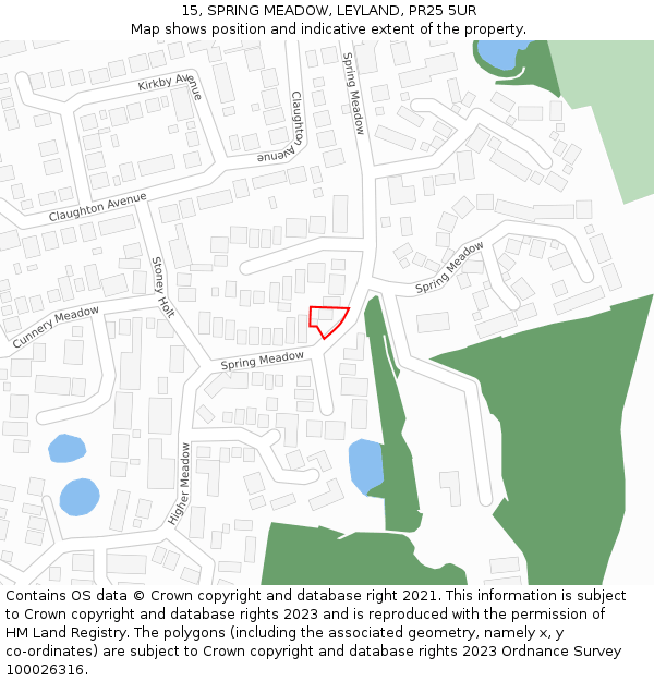 15, SPRING MEADOW, LEYLAND, PR25 5UR: Location map and indicative extent of plot