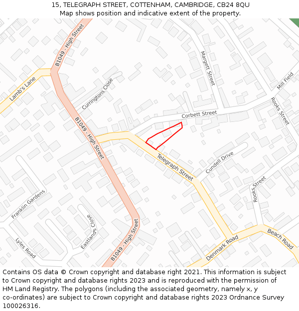 15, TELEGRAPH STREET, COTTENHAM, CAMBRIDGE, CB24 8QU: Location map and indicative extent of plot