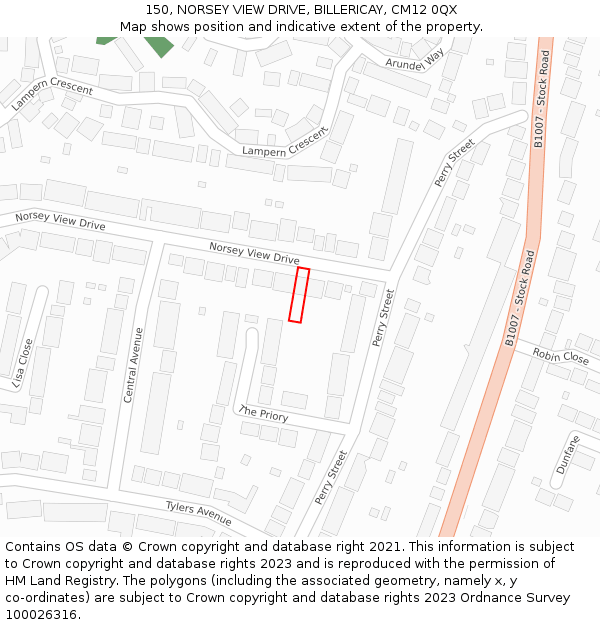150, NORSEY VIEW DRIVE, BILLERICAY, CM12 0QX: Location map and indicative extent of plot
