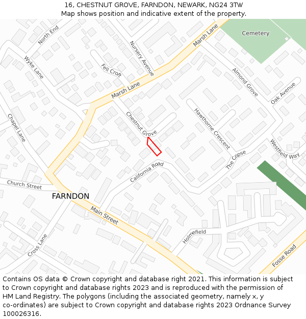 16, CHESTNUT GROVE, FARNDON, NEWARK, NG24 3TW: Location map and indicative extent of plot