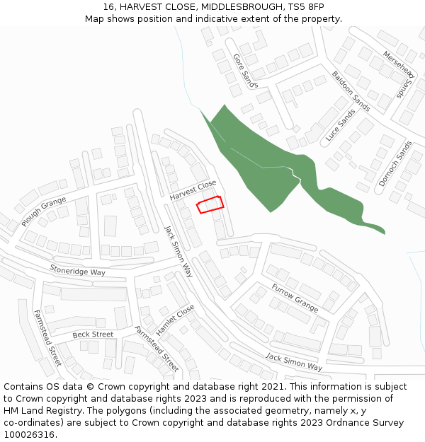 16, HARVEST CLOSE, MIDDLESBROUGH, TS5 8FP: Location map and indicative extent of plot